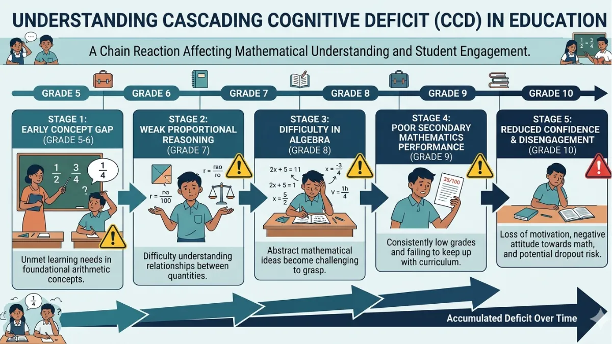 Systems diagram showing Cascading Cognitive Deficit (CCD) in education: a chain from early gaps in fractions to weak proportional reasoning, difficulty in algebra, poor secondary mathematics performance, and reduced confidence and disengagement, progressing from Grade 5 to Grade 10 over time